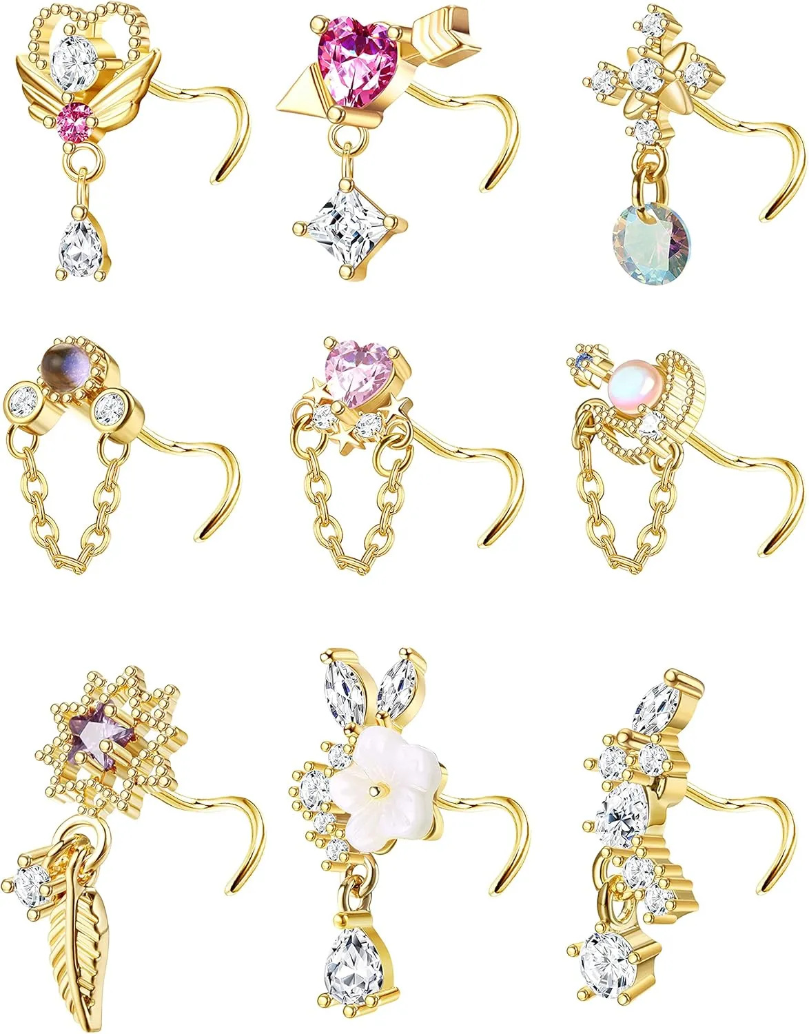 JOERICA 9 Pcs 20G Dangle Nose Rings Studs for Women Stainless Steel L Shaped Nose Studs Heart Arrow Feather Snowflake Wing CZ Dangling Nose Piercing Jewelry