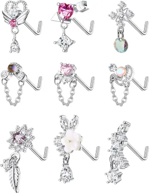 JOERICA 9 Pcs 20G Dangle Nose Rings Studs for Women Stainless Steel L Shaped Nose Studs Heart Arrow Feather Snowflake Wing CZ Dangling Nose Piercing Jewelry
