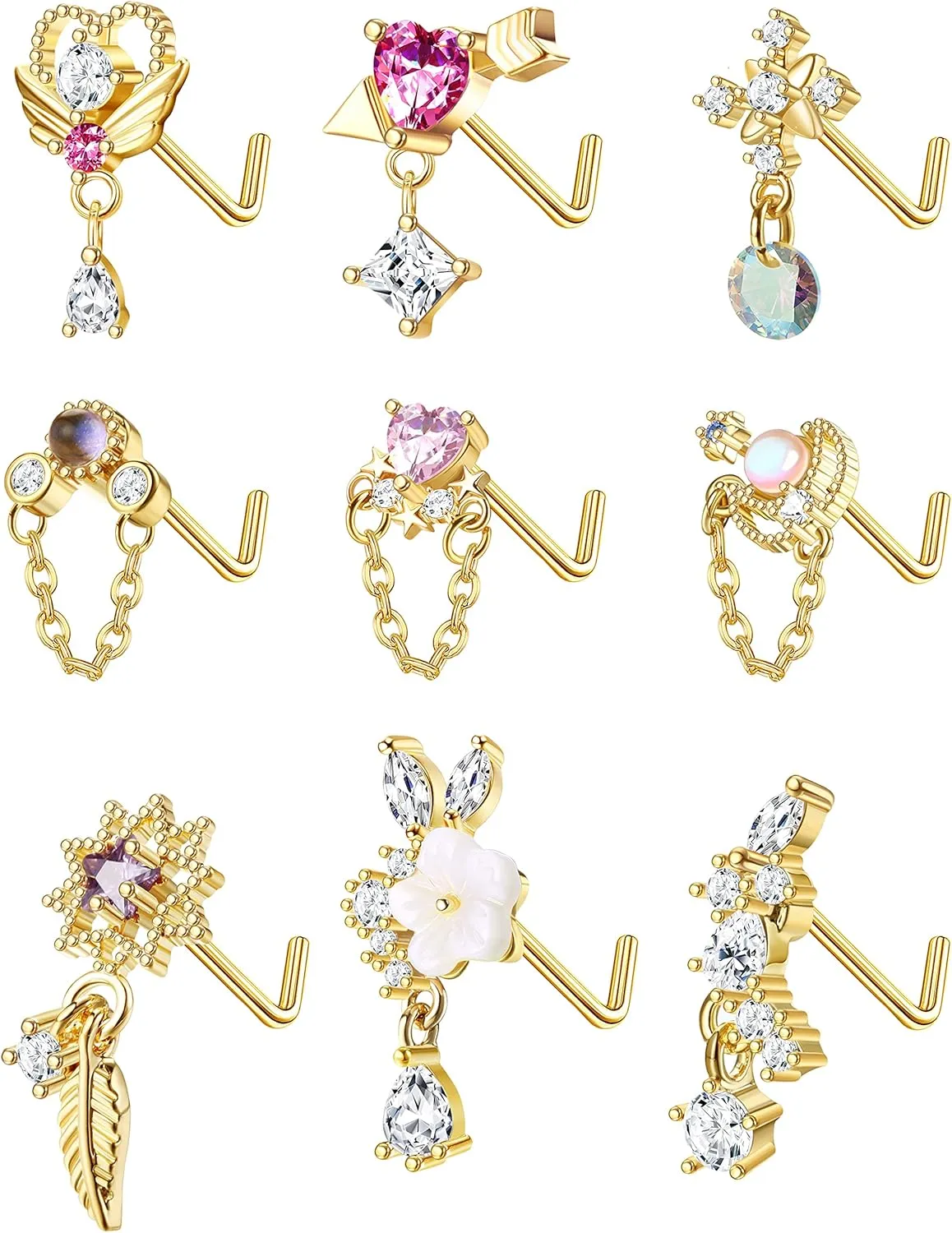 JOERICA 9 Pcs 20G Dangle Nose Rings Studs for Women Stainless Steel L Shaped Nose Studs Heart Arrow Feather Snowflake Wing CZ Dangling Nose Piercing Jewelry