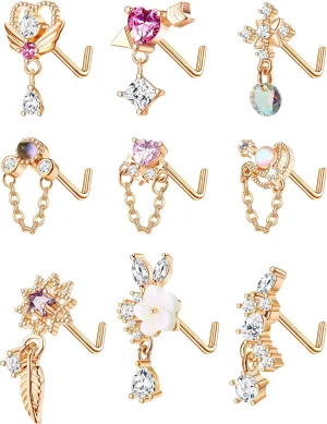 JOERICA 9 Pcs 20G Dangle Nose Rings Studs for Women Stainless Steel L Shaped Nose Studs Heart Arrow Feather Snowflake Wing CZ Dangling Nose Piercing Jewelry