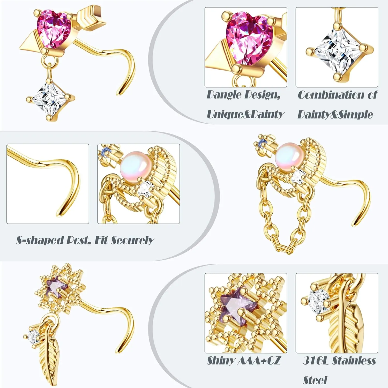 JOERICA 9 Pcs 20G Dangle Nose Rings Studs for Women Stainless Steel L Shaped Nose Studs Heart Arrow Feather Snowflake Wing CZ Dangling Nose Piercing Jewelry
