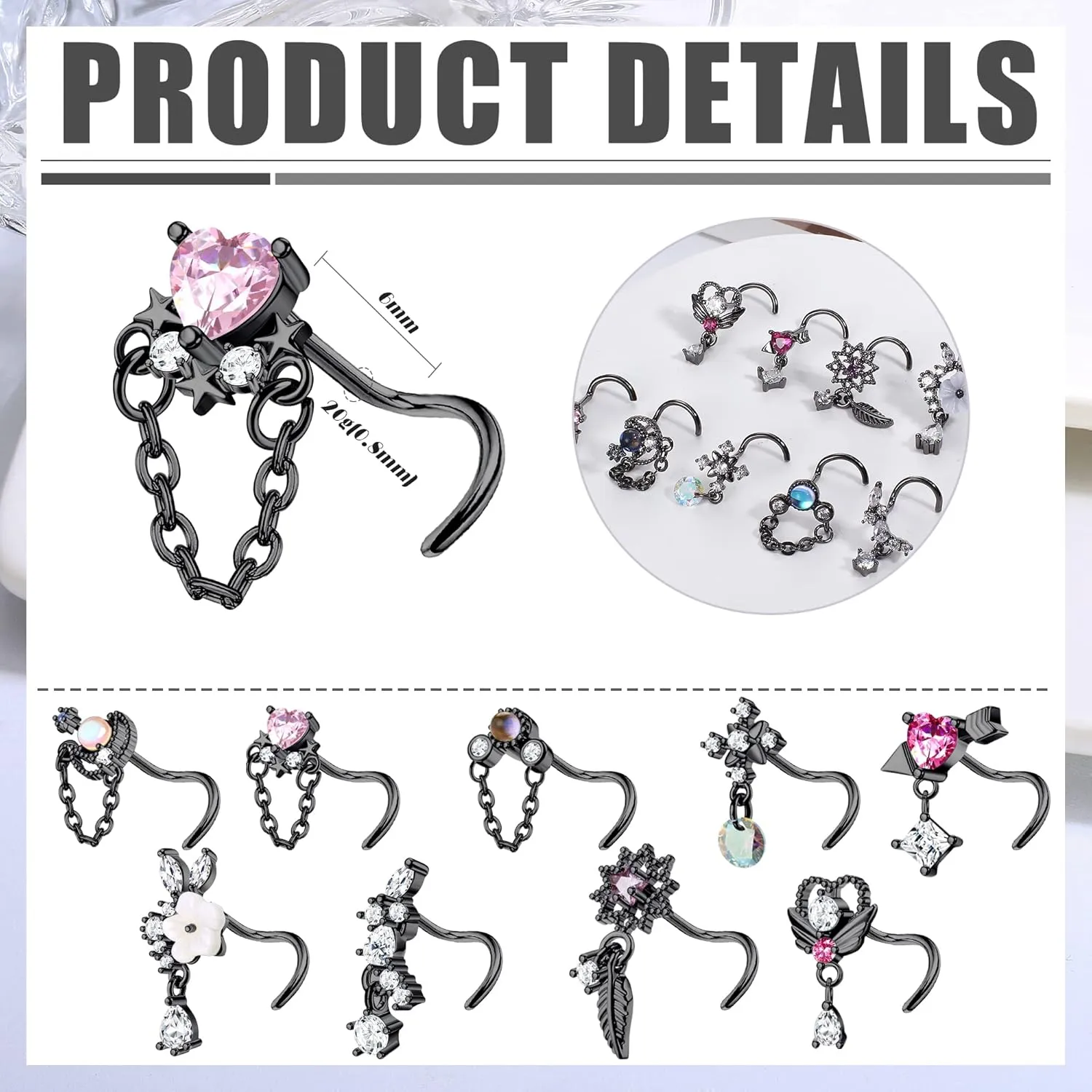 JOERICA 9 Pcs 20G Dangle Nose Rings Studs for Women Stainless Steel L Shaped Nose Studs Heart Arrow Feather Snowflake Wing CZ Dangling Nose Piercing Jewelry