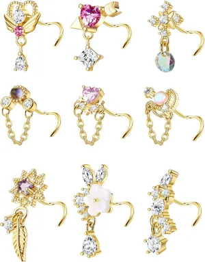 JOERICA 9 Pcs 20G Dangle Nose Rings Studs for Women Stainless Steel L Shaped Nose Studs Heart Arrow Feather Snowflake Wing CZ Dangling Nose Piercing Jewelry
