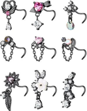 JOERICA 9 Pcs 20G Dangle Nose Rings Studs for Women Stainless Steel L Shaped Nose Studs Heart Arrow Feather Snowflake Wing CZ Dangling Nose Piercing Jewelry