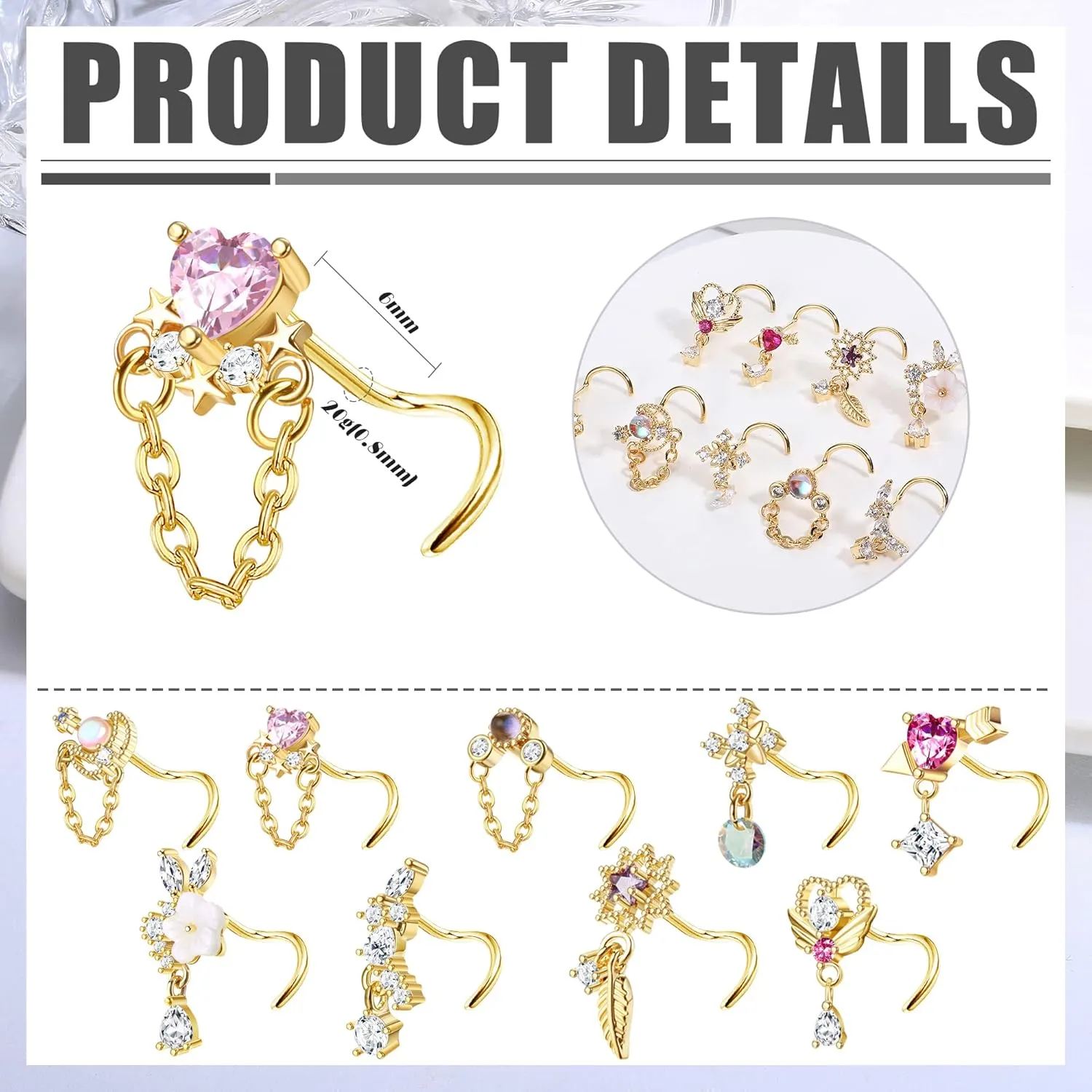 JOERICA 9 Pcs 20G Dangle Nose Rings Studs for Women Stainless Steel L Shaped Nose Studs Heart Arrow Feather Snowflake Wing CZ Dangling Nose Piercing Jewelry