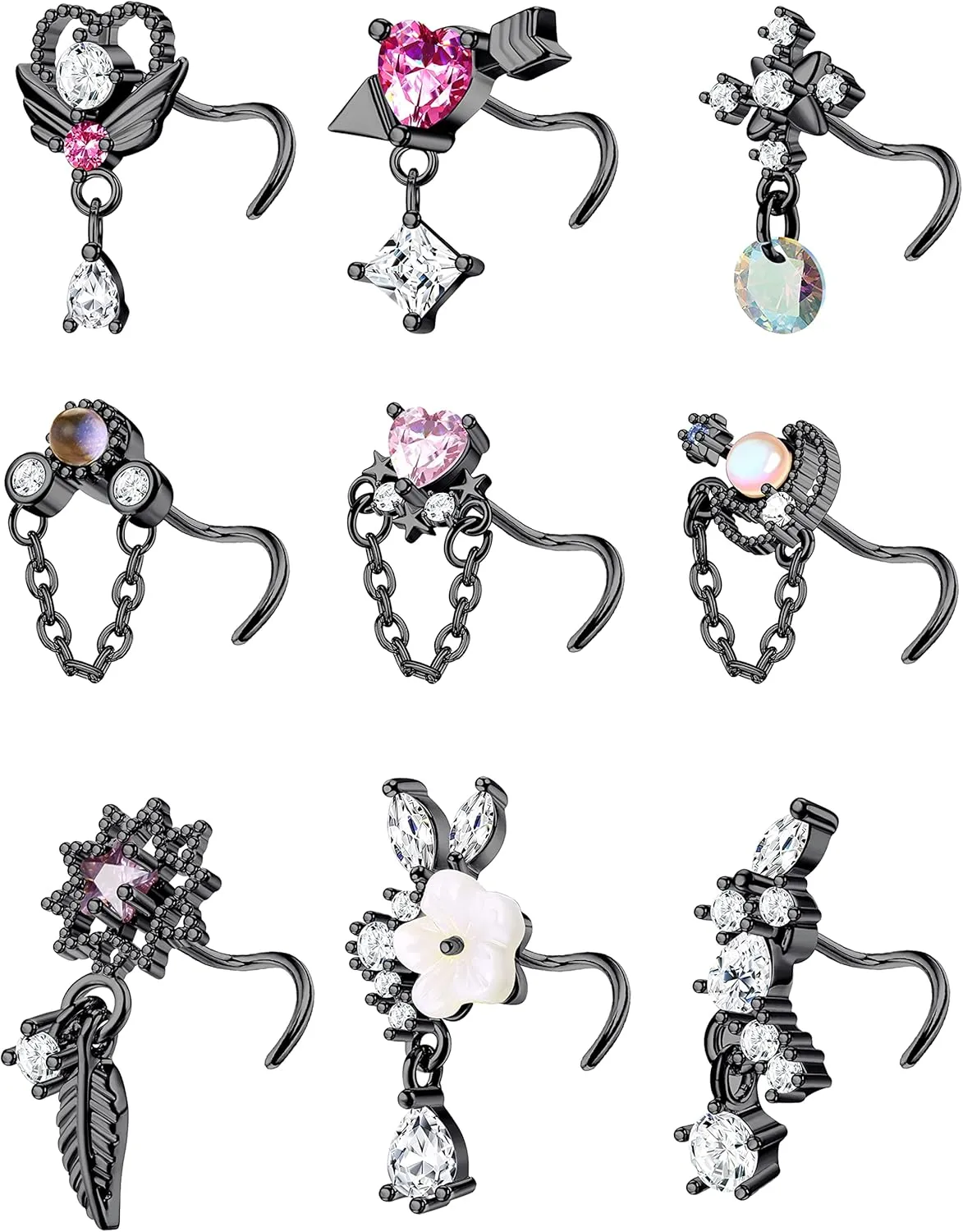 JOERICA 9 Pcs 20G Dangle Nose Rings Studs for Women Stainless Steel L Shaped Nose Studs Heart Arrow Feather Snowflake Wing CZ Dangling Nose Piercing Jewelry