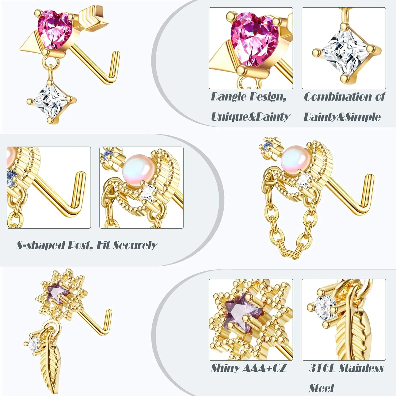 JOERICA 9 Pcs 20G Dangle Nose Rings Studs for Women Stainless Steel L Shaped Nose Studs Heart Arrow Feather Snowflake Wing CZ Dangling Nose Piercing Jewelry