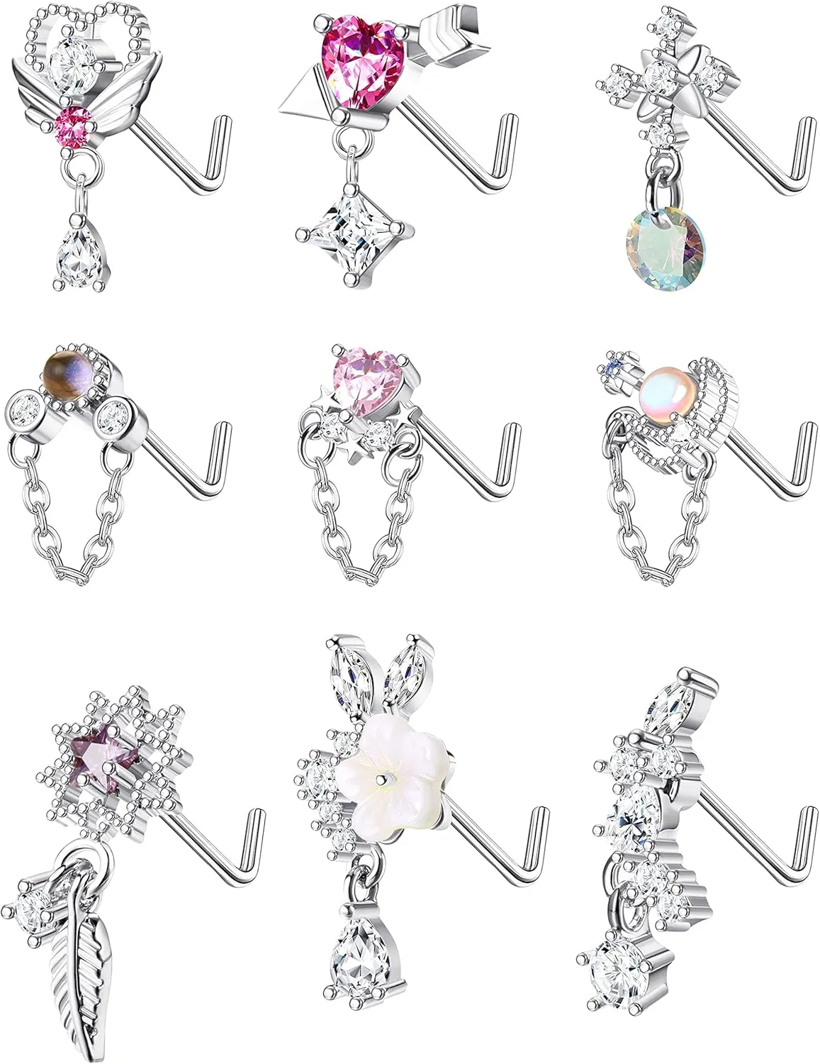 JOERICA 9 Pcs 20G Dangle Nose Rings Studs for Women Stainless Steel L Shaped Nose Studs Heart Arrow Feather Snowflake Wing CZ Dangling Nose Piercing Jewelry