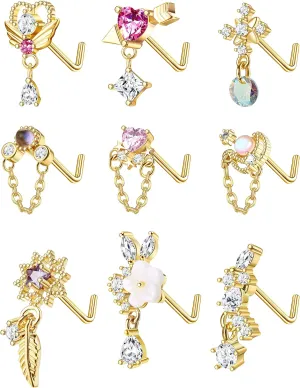 JOERICA 9 Pcs 20G Dangle Nose Rings Studs for Women Stainless Steel L Shaped Nose Studs Heart Arrow Feather Snowflake Wing CZ Dangling Nose Piercing Jewelry