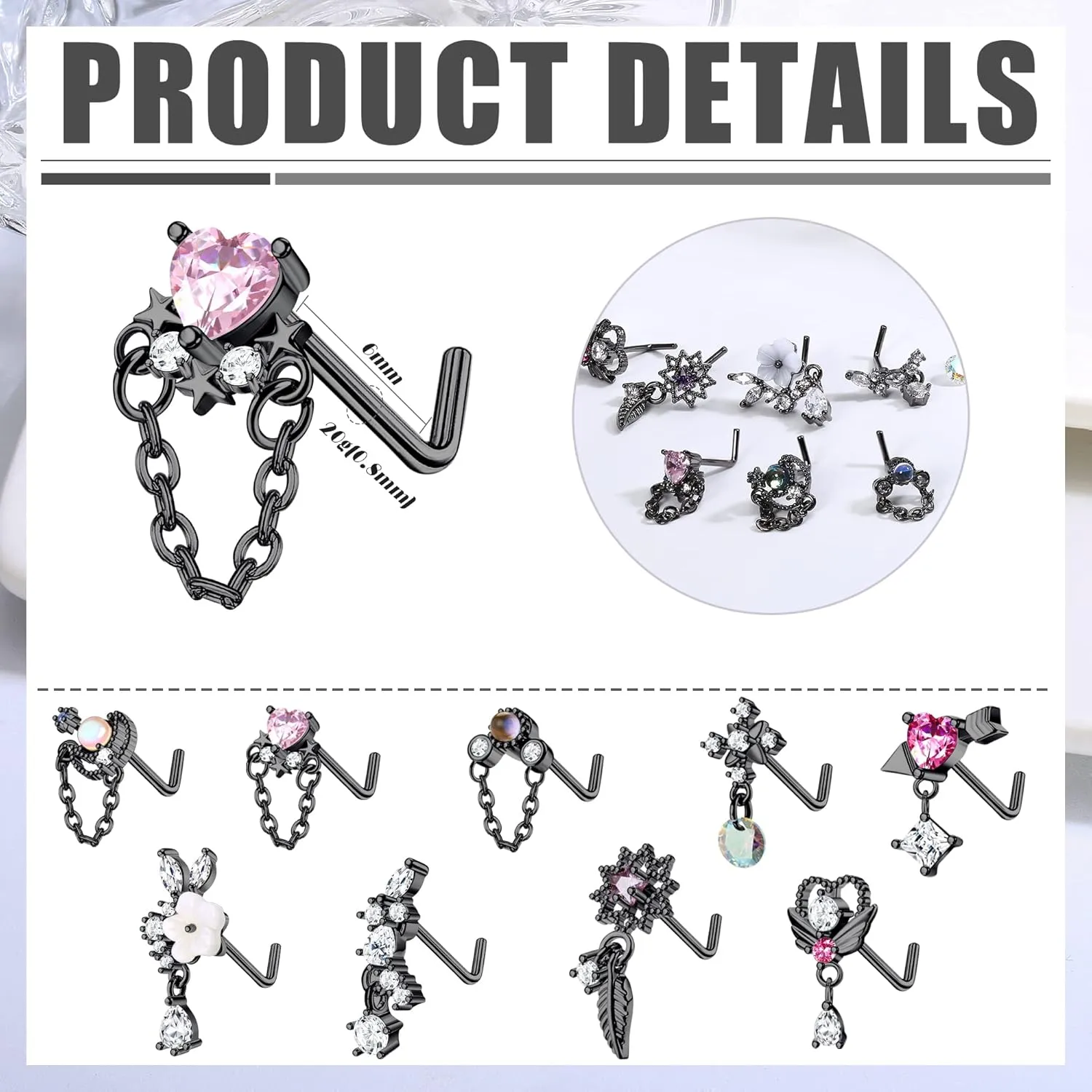 JOERICA 9 Pcs 20G Dangle Nose Rings Studs for Women Stainless Steel L Shaped Nose Studs Heart Arrow Feather Snowflake Wing CZ Dangling Nose Piercing Jewelry