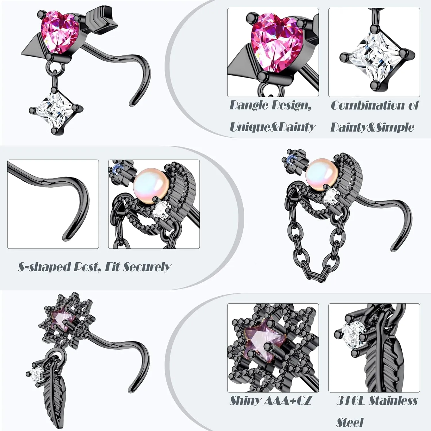 JOERICA 9 Pcs 20G Dangle Nose Rings Studs for Women Stainless Steel L Shaped Nose Studs Heart Arrow Feather Snowflake Wing CZ Dangling Nose Piercing Jewelry