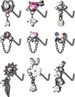 JOERICA 9 Pcs 20G Dangle Nose Rings Studs for Women Stainless Steel L Shaped Nose Studs Heart Arrow Feather Snowflake Wing CZ Dangling Nose Piercing Jewelry