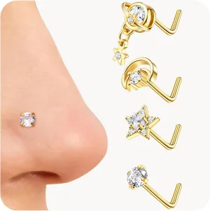 JOERICA Nose Rings Studs for Women Stainless Steel L Shaped Nose Studs Tiny Opal CZ Sunflower Turquoise Bee Planet Geometric Nose Piercing Jewelry
