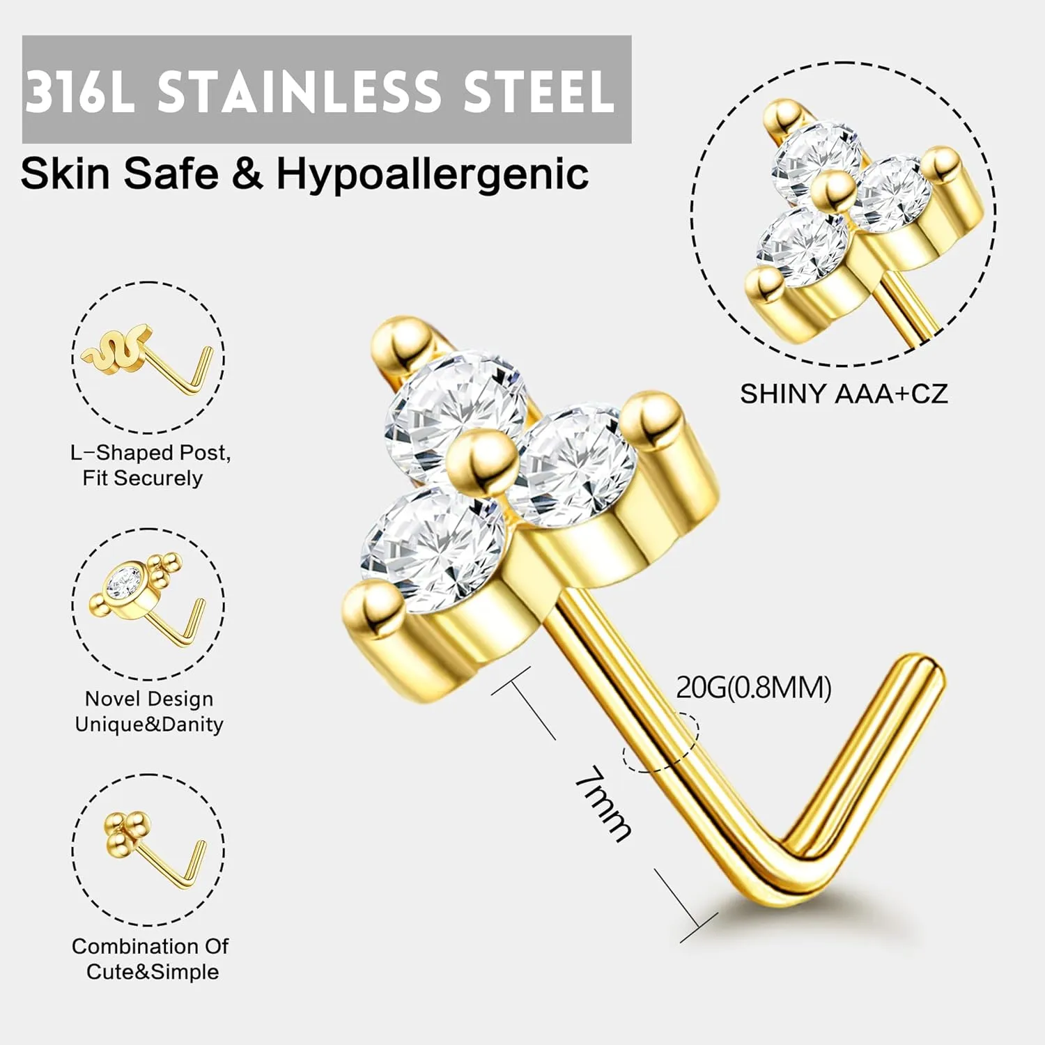 JOERICA Nose Rings Studs for Women Stainless Steel L Shaped Nose Studs Tiny Opal CZ Sunflower Turquoise Bee Planet Geometric Nose Piercing Jewelry
