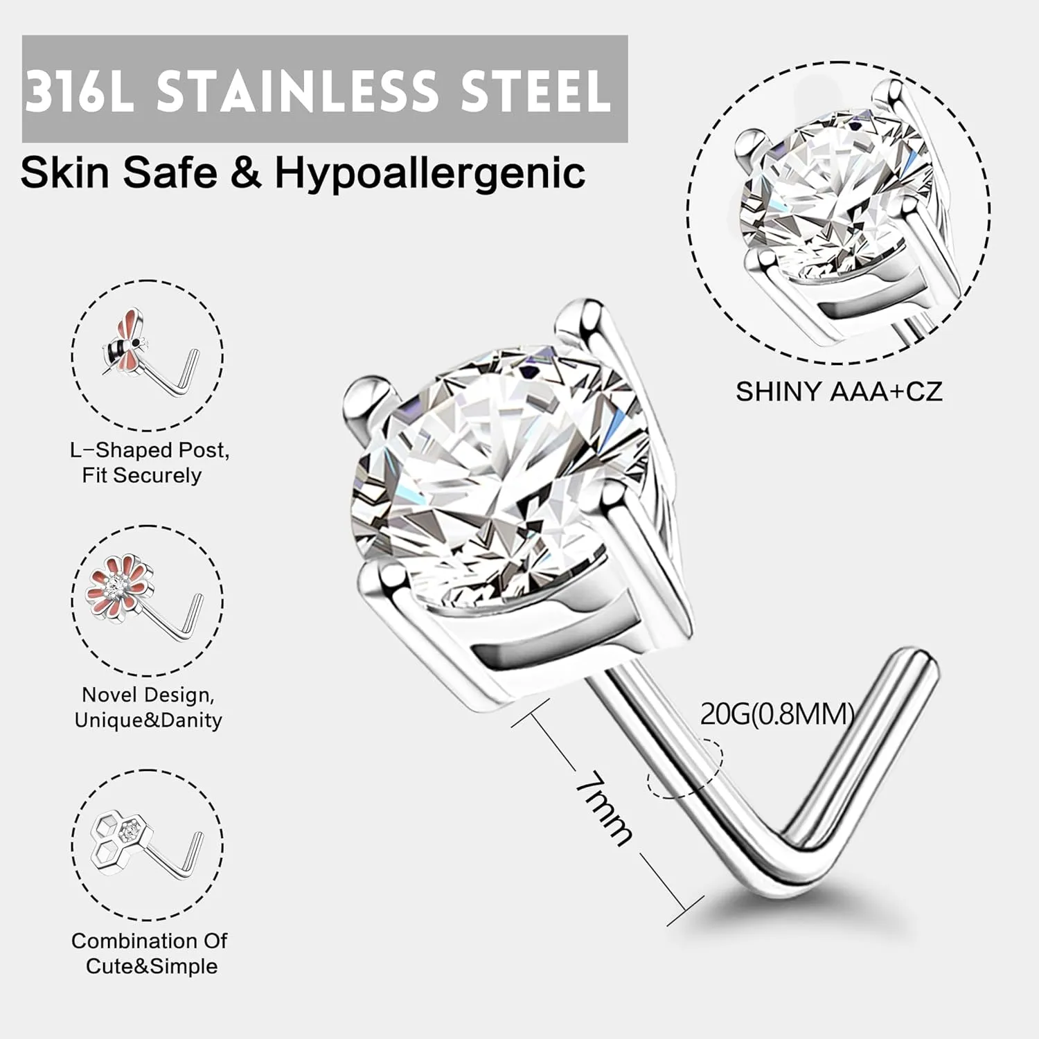 JOERICA Nose Rings Studs for Women Stainless Steel L Shaped Nose Studs Tiny Opal CZ Sunflower Turquoise Bee Planet Geometric Nose Piercing Jewelry