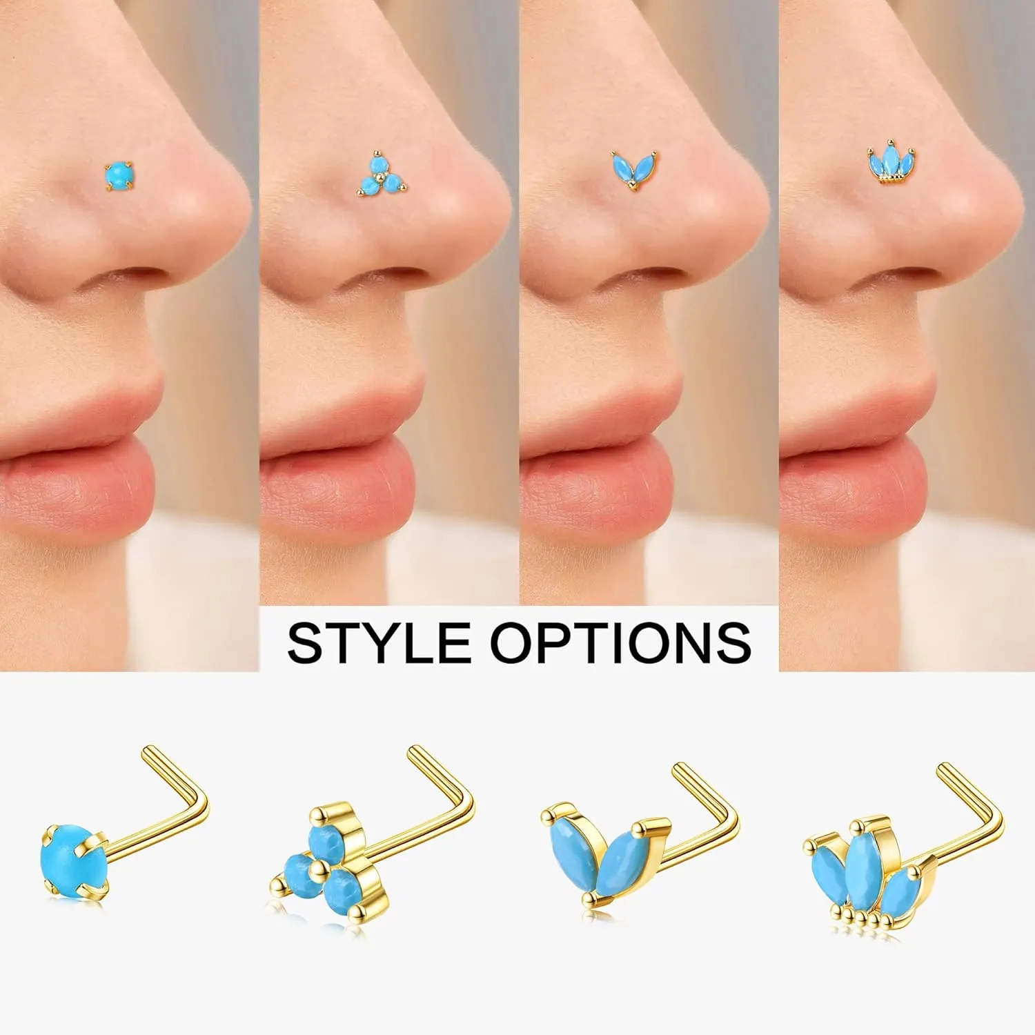 JOERICA Nose Rings Studs for Women Stainless Steel L Shaped Nose Studs Tiny Opal CZ Sunflower Turquoise Bee Planet Geometric Nose Piercing Jewelry