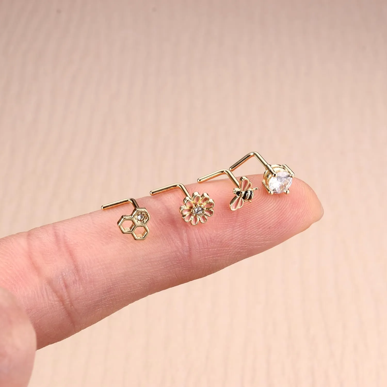 JOERICA Nose Rings Studs for Women Stainless Steel L Shaped Nose Studs Tiny Opal CZ Sunflower Turquoise Bee Planet Geometric Nose Piercing Jewelry