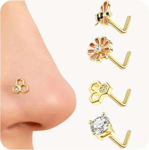 JOERICA Nose Rings Studs for Women Stainless Steel L Shaped Nose Studs Tiny Opal CZ Sunflower Turquoise Bee Planet Geometric Nose Piercing Jewelry