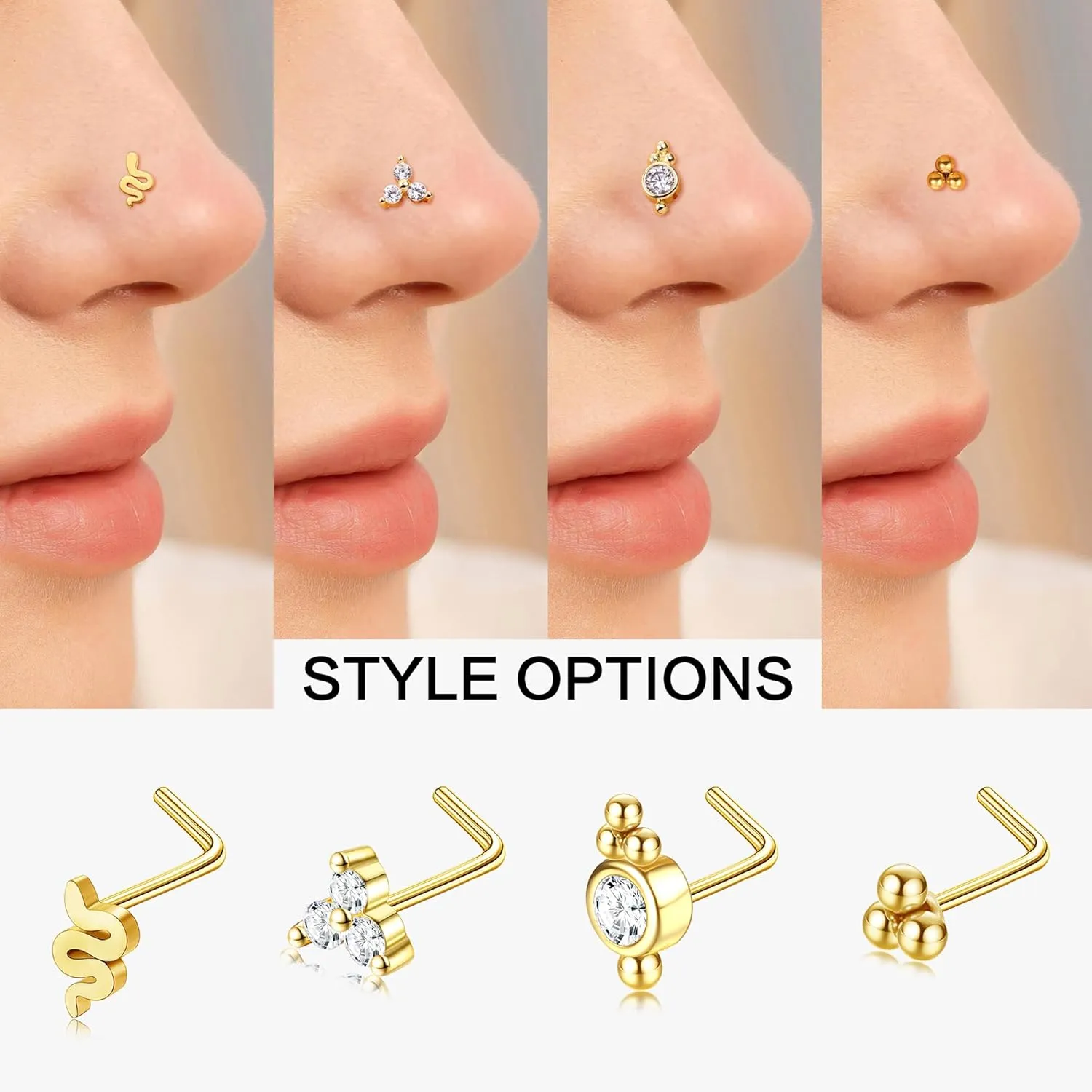 JOERICA Nose Rings Studs for Women Stainless Steel L Shaped Nose Studs Tiny Opal CZ Sunflower Turquoise Bee Planet Geometric Nose Piercing Jewelry