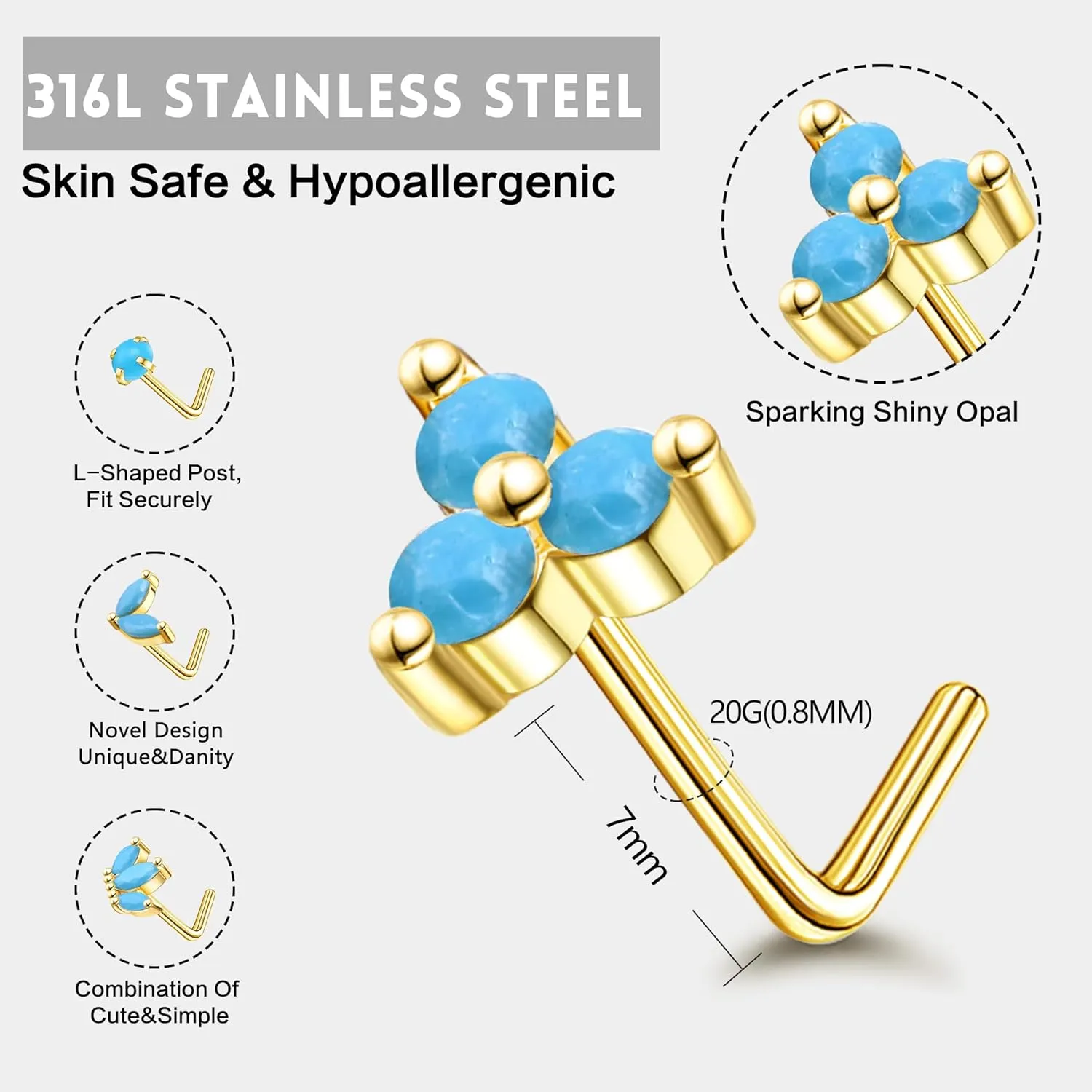 JOERICA Nose Rings Studs for Women Stainless Steel L Shaped Nose Studs Tiny Opal CZ Sunflower Turquoise Bee Planet Geometric Nose Piercing Jewelry
