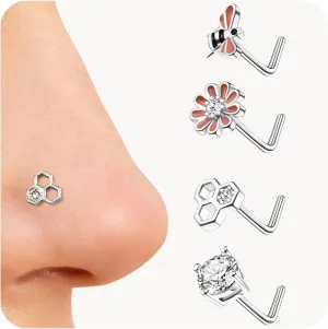 JOERICA Nose Rings Studs for Women Stainless Steel L Shaped Nose Studs Tiny Opal CZ Sunflower Turquoise Bee Planet Geometric Nose Piercing Jewelry