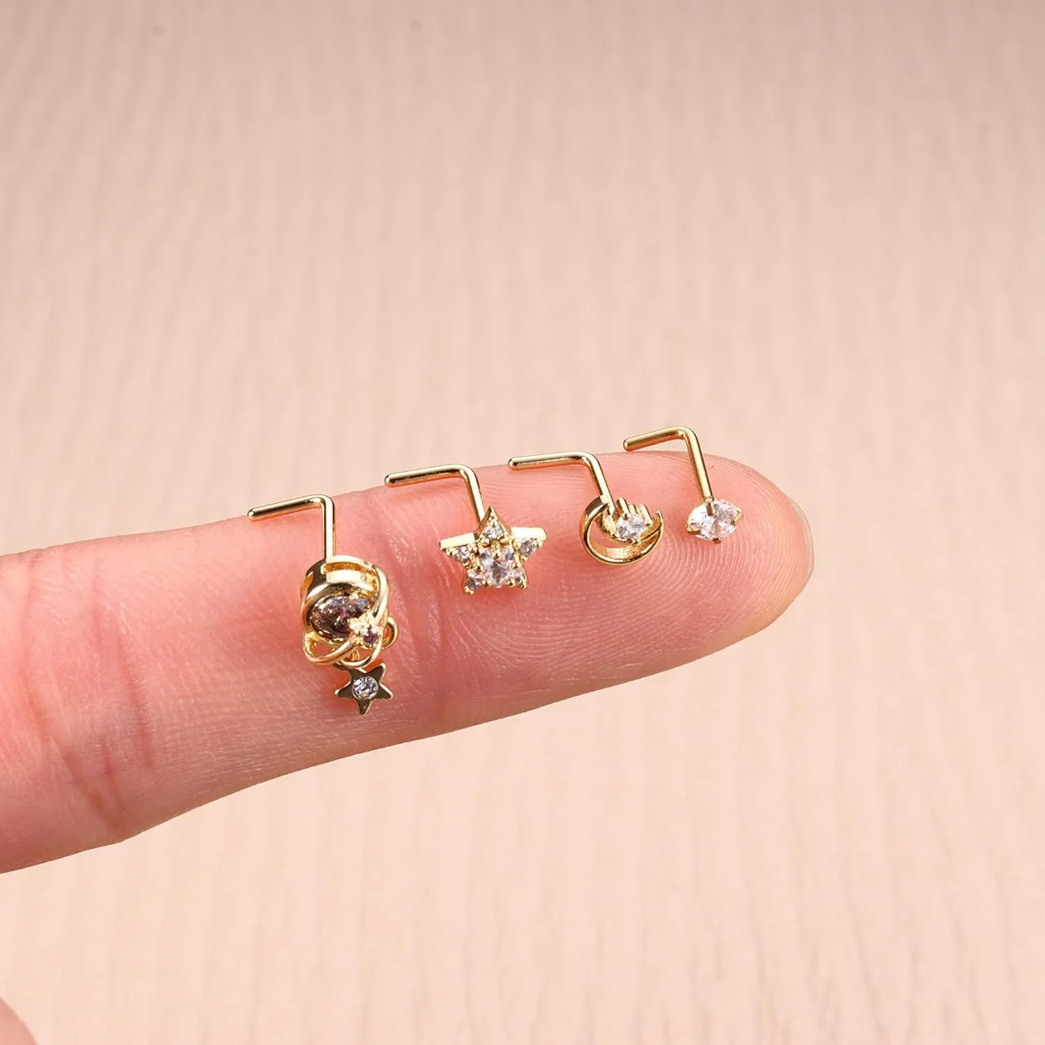 JOERICA Nose Rings Studs for Women Stainless Steel L Shaped Nose Studs Tiny Opal CZ Sunflower Turquoise Bee Planet Geometric Nose Piercing Jewelry