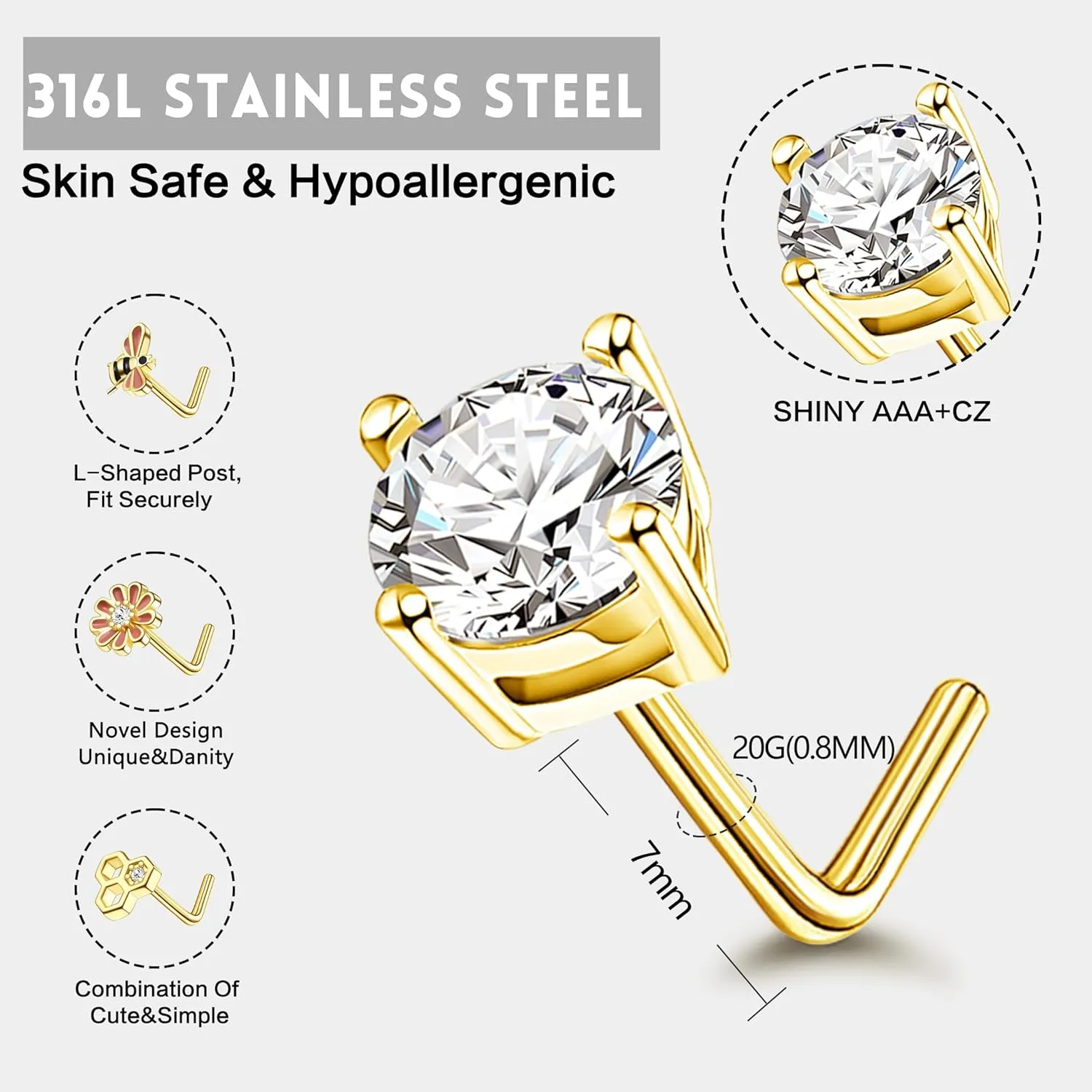 JOERICA Nose Rings Studs for Women Stainless Steel L Shaped Nose Studs Tiny Opal CZ Sunflower Turquoise Bee Planet Geometric Nose Piercing Jewelry