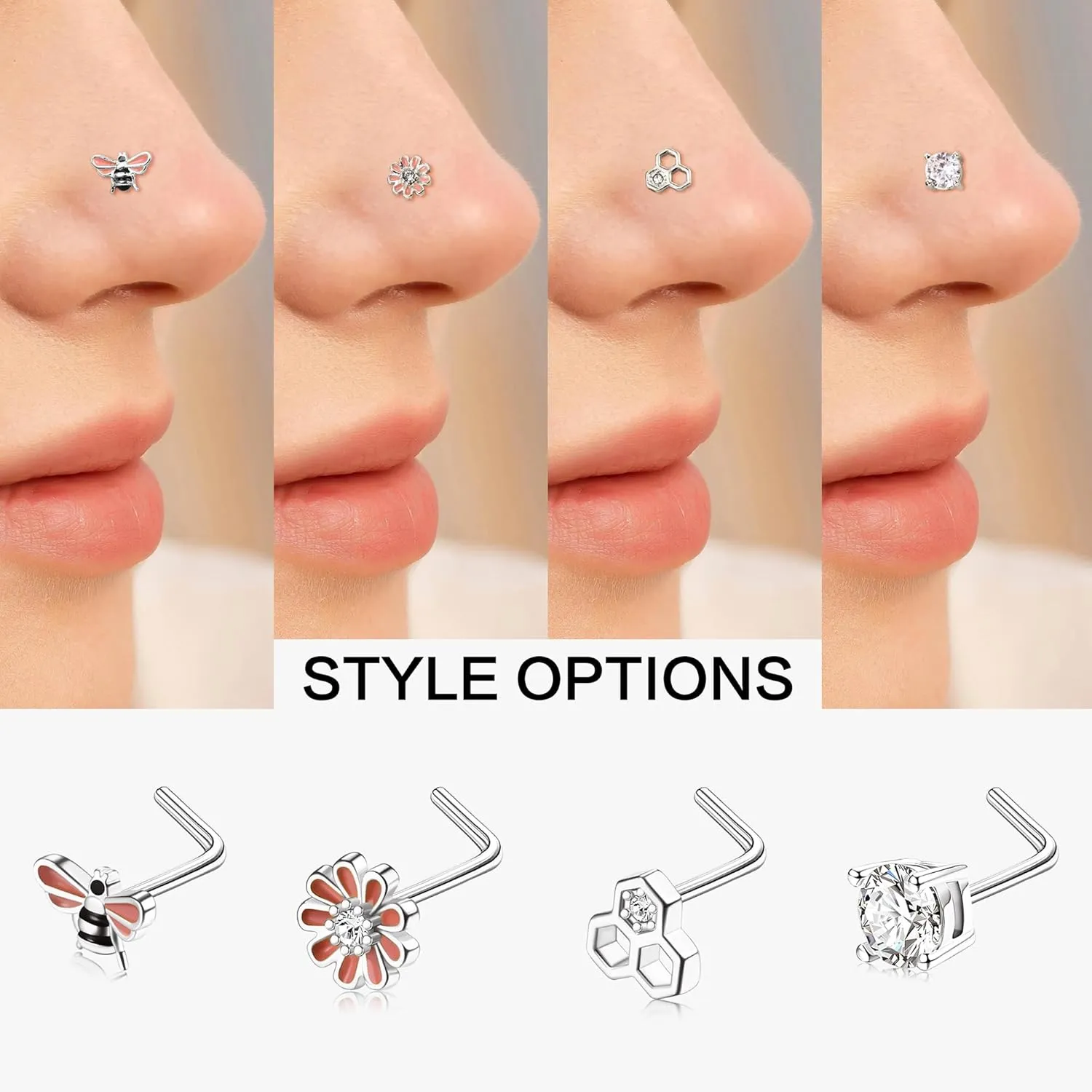 JOERICA Nose Rings Studs for Women Stainless Steel L Shaped Nose Studs Tiny Opal CZ Sunflower Turquoise Bee Planet Geometric Nose Piercing Jewelry