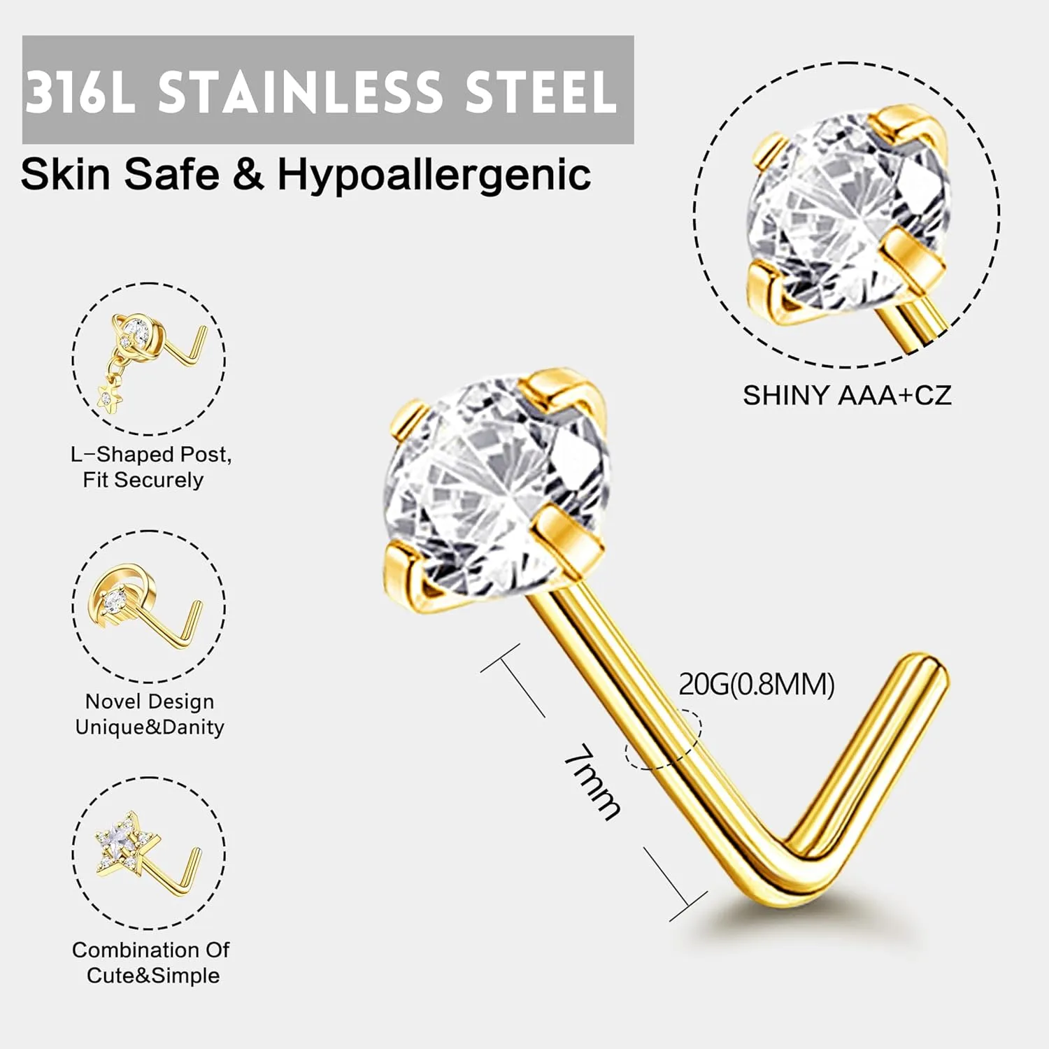 JOERICA Nose Rings Studs for Women Stainless Steel L Shaped Nose Studs Tiny Opal CZ Sunflower Turquoise Bee Planet Geometric Nose Piercing Jewelry
