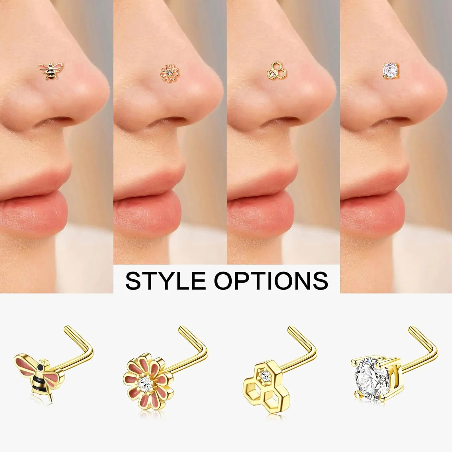 JOERICA Nose Rings Studs for Women Stainless Steel L Shaped Nose Studs Tiny Opal CZ Sunflower Turquoise Bee Planet Geometric Nose Piercing Jewelry