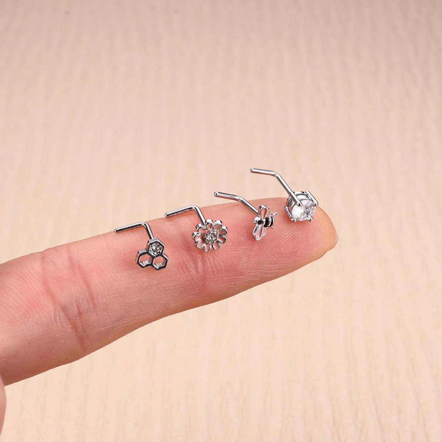 JOERICA Nose Rings Studs for Women Stainless Steel L Shaped Nose Studs Tiny Opal CZ Sunflower Turquoise Bee Planet Geometric Nose Piercing Jewelry