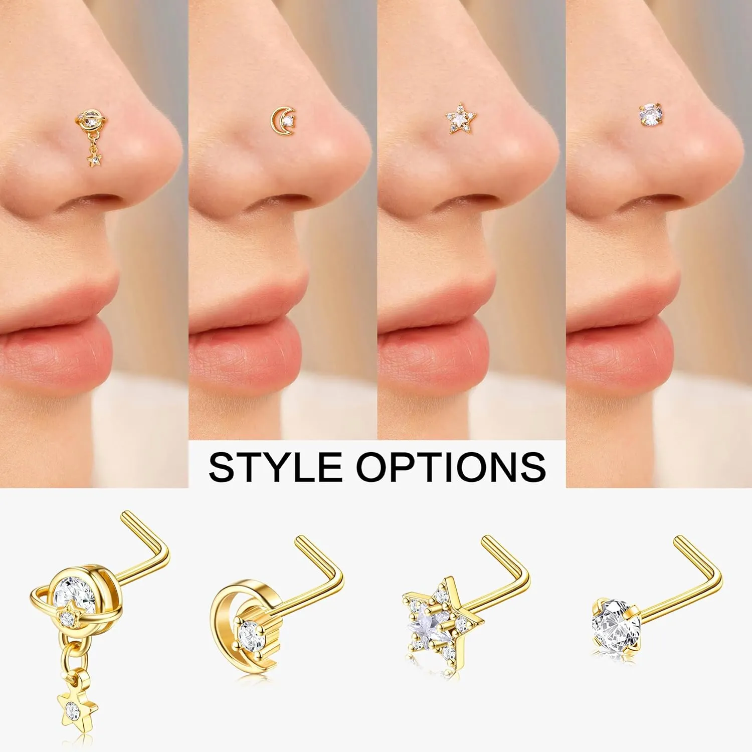 JOERICA Nose Rings Studs for Women Stainless Steel L Shaped Nose Studs Tiny Opal CZ Sunflower Turquoise Bee Planet Geometric Nose Piercing Jewelry