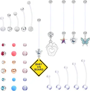 JOERICA Plastic Pregnancy Belly Button Rings Long Bar Navel Rings for Maternity Sport Pregnant Women Flexible Clear Acrylic Dangle Belly Rings with Different Length Bar and Balls for Replacement