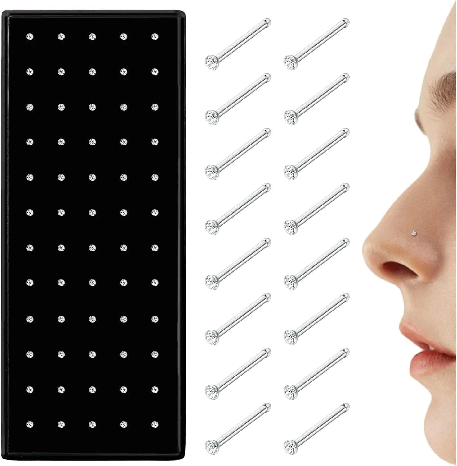 Jstyle 60Pcs Hypoallergenic Stainless Steel Nose Studs for Women Men Sparkly CZ Small 22G Nose Studs Rings Piercing Body Jewelry 1.5mm 2mm 2.5mm