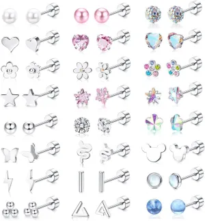 Jstyle Hypoallergenic Surgical Steel Earrings for Girls Women Stainless Steel Flat Back Earrings Set Colorful Cute Pearl Ball Flower Heart Stud Earring for Girls Jewelry