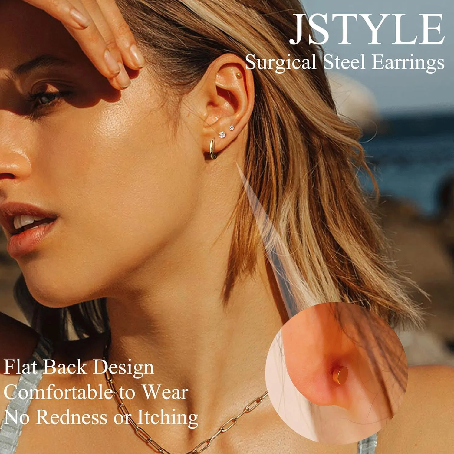 Jstyle Hypoallergenic Surgical Steel Earrings for Sensitive Ears 14K Gold Flat Back Stud Earrings for Women Men Small Stainless Steel Stud Hoop Screw Back Cartilage Earring Set for Multiple Piercing