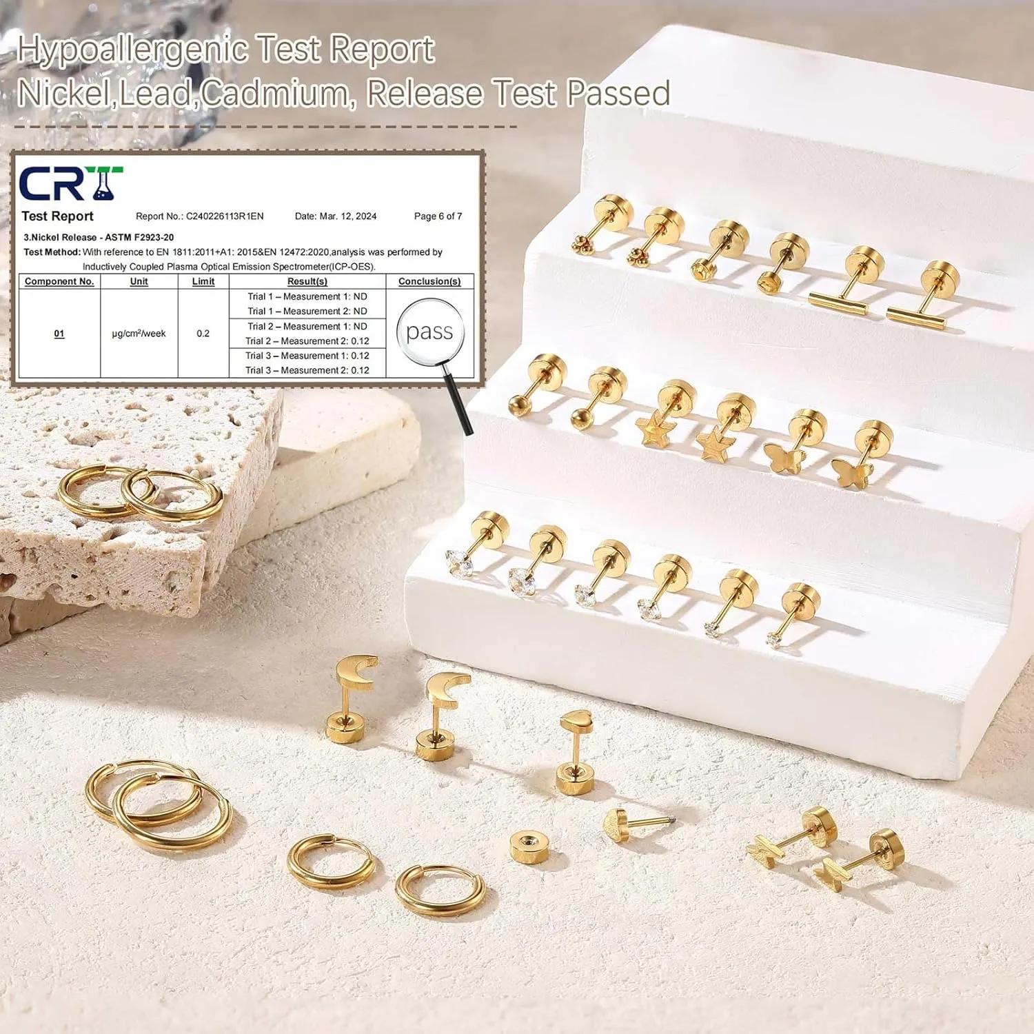 Jstyle Hypoallergenic Surgical Steel Earrings for Sensitive Ears 14K Gold Flat Back Stud Earrings for Women Men Small Stainless Steel Stud Hoop Screw Back Cartilage Earring Set for Multiple Piercing