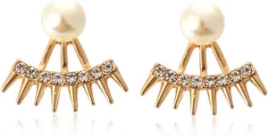 Jumwrit Spike Ear Jacket Earrings Pearl Stud Earrings Front Back Dangle Earrings Rhinestone Jacket Cuff Earrings for Women Minimalist Earrings (Gold)