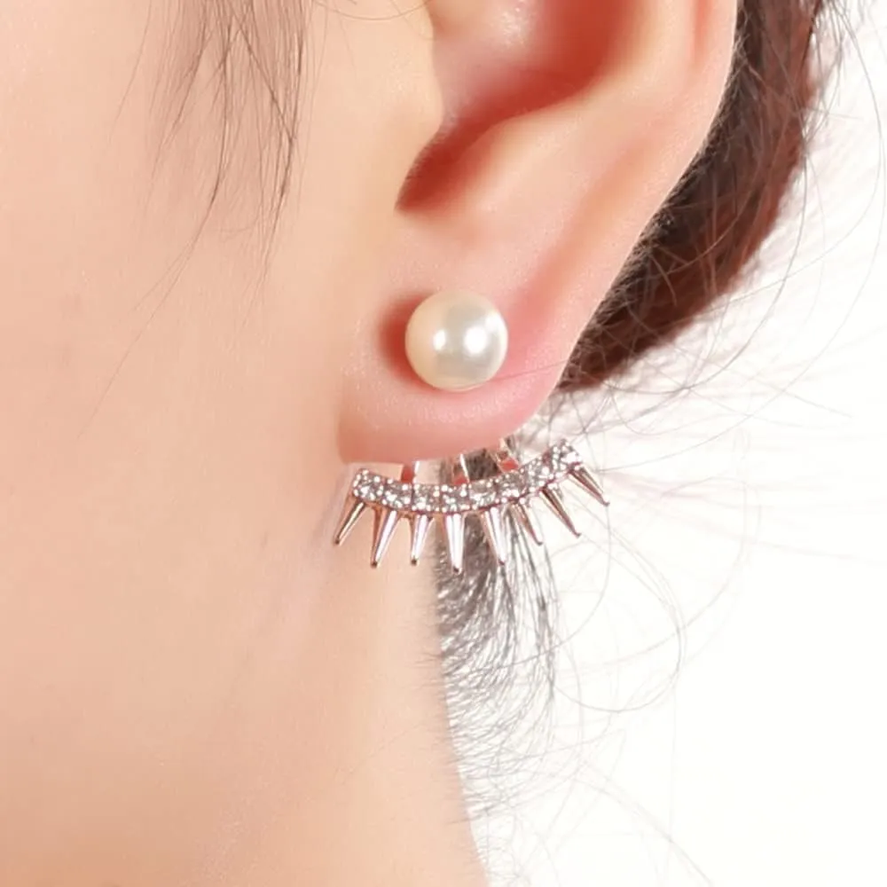 Jumwrit Spike Ear Jacket Earrings Pearl Stud Earrings Front Back Dangle Earrings Rhinestone Jacket Cuff Earrings for Women Minimalist Earrings (Gold)