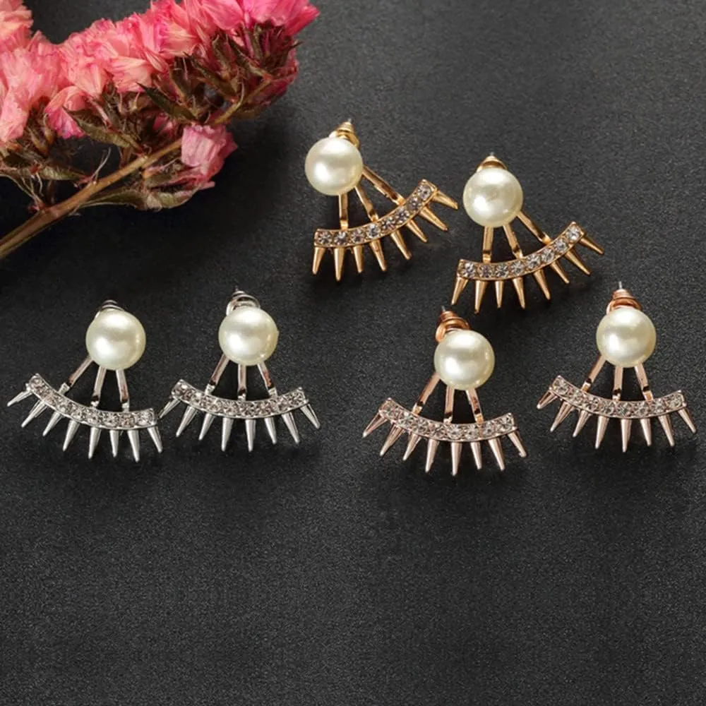 Jumwrit Spike Ear Jacket Earrings Pearl Stud Earrings Front Back Dangle Earrings Rhinestone Jacket Cuff Earrings for Women Minimalist Earrings (Gold)