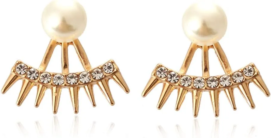 Jumwrit Spike Ear Jacket Earrings Pearl Stud Earrings Front Back Dangle Earrings Rhinestone Jacket Cuff Earrings for Women Minimalist Earrings (Gold)