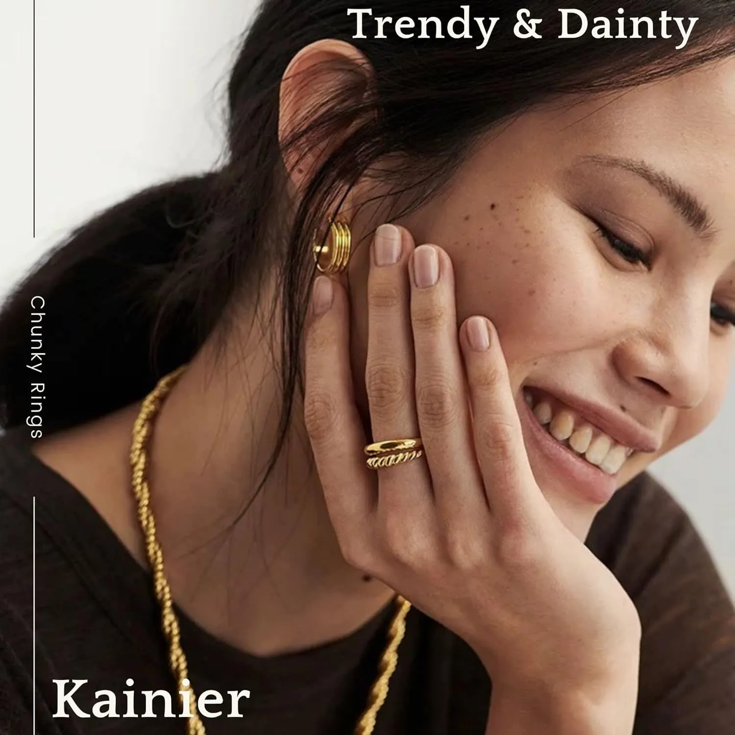 Kainier 14K Gold Chunky Rings for Women14K Gold Plated Dainty Radial Rings High Polish Statement Band Classic Double Twisted Ring Comfort Fit Size 5 to 10