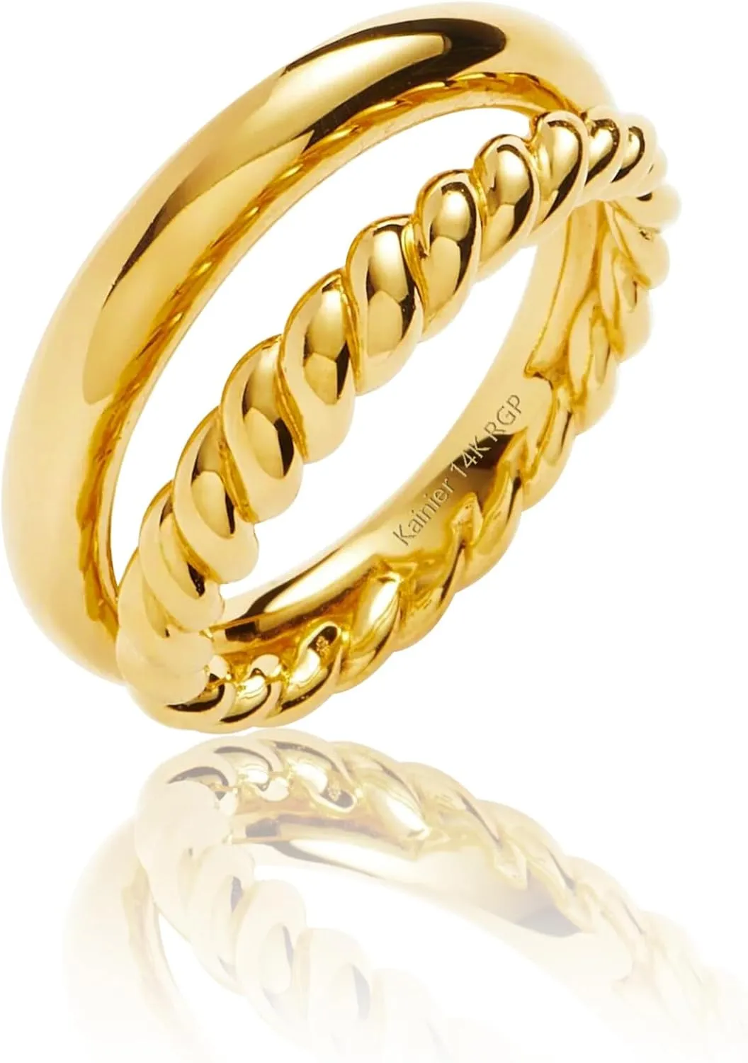 Kainier 14K Gold Chunky Rings for Women14K Gold Plated Dainty Radial Rings High Polish Statement Band Classic Double Twisted Ring Comfort Fit Size 5 to 10