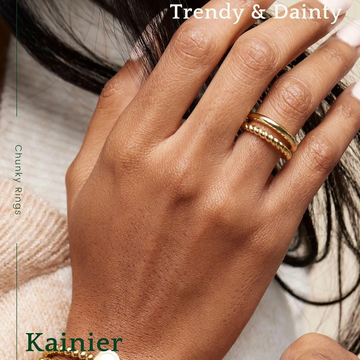 Kainier 14K Gold Chunky Rings for Women14K Gold Plated Dainty Radial Rings High Polish Statement Band Classic Double Twisted Ring Comfort Fit Size 5 to 10