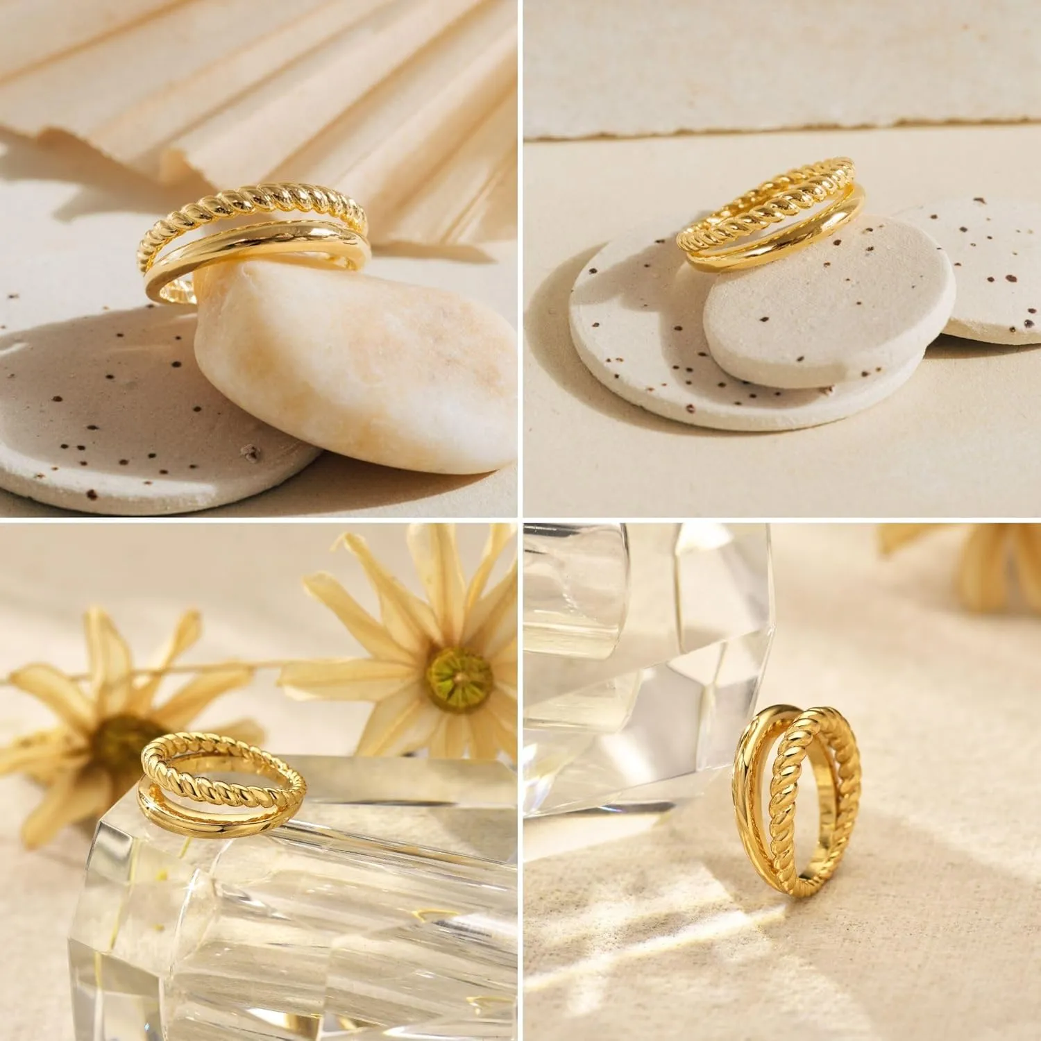 Kainier 14K Gold Chunky Rings for Women14K Gold Plated Dainty Radial Rings High Polish Statement Band Classic Double Twisted Ring Comfort Fit Size 5 to 10