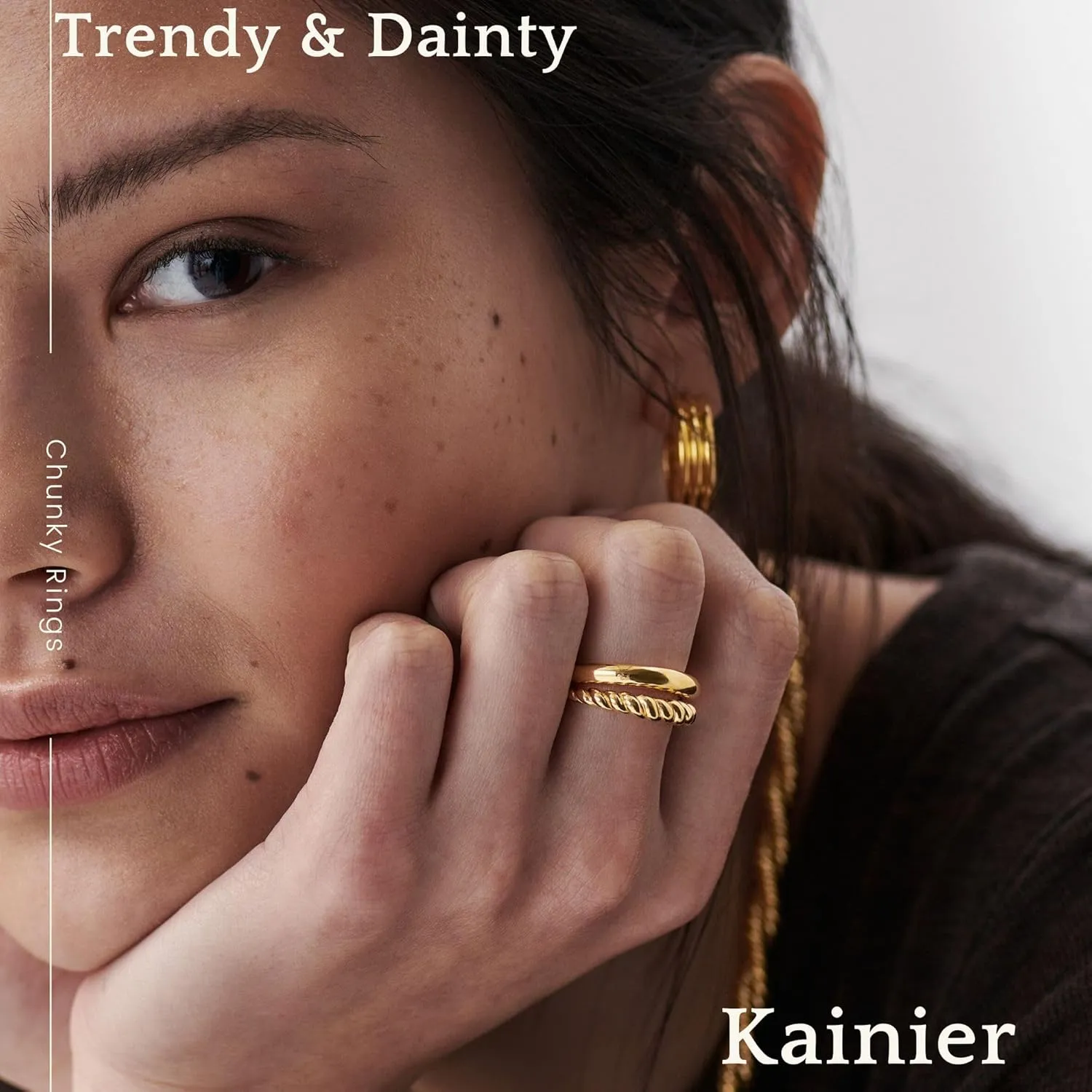 Kainier 14K Gold Chunky Rings for Women14K Gold Plated Dainty Radial Rings High Polish Statement Band Classic Double Twisted Ring Comfort Fit Size 5 to 10