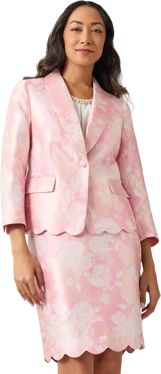 Kasper Women's Jacquard Shawl Collar JKT W Scallop Hem