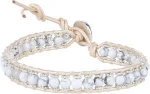 KELITCH 2021 Leather Wrap Bracelets White Howlite Flower Beaded Bracelets Handmade BOHO Style Strand Bracelets
