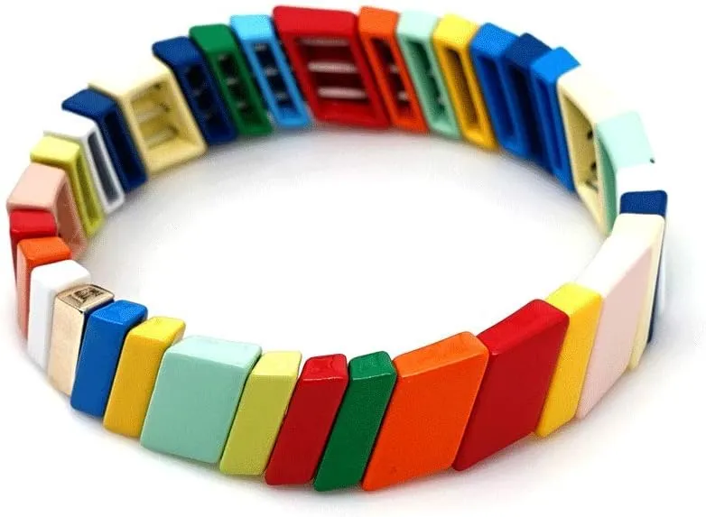 KELITCH New Women Enamel Stretch Bracelets Color Square Beaded Bracelets Handmade Cuff Bracelets (Colorful 10A)