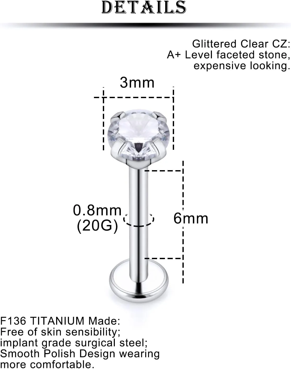 Kridzisw 20G 18G 16G Titanium Nose Rings Studs Internally Threaded Hypoallergenic Implant Grade Surgical Steel Nose Studs Flat Back Cartilage Tragus Helix Earrings Piercing Jewelry for Sensitive Skin